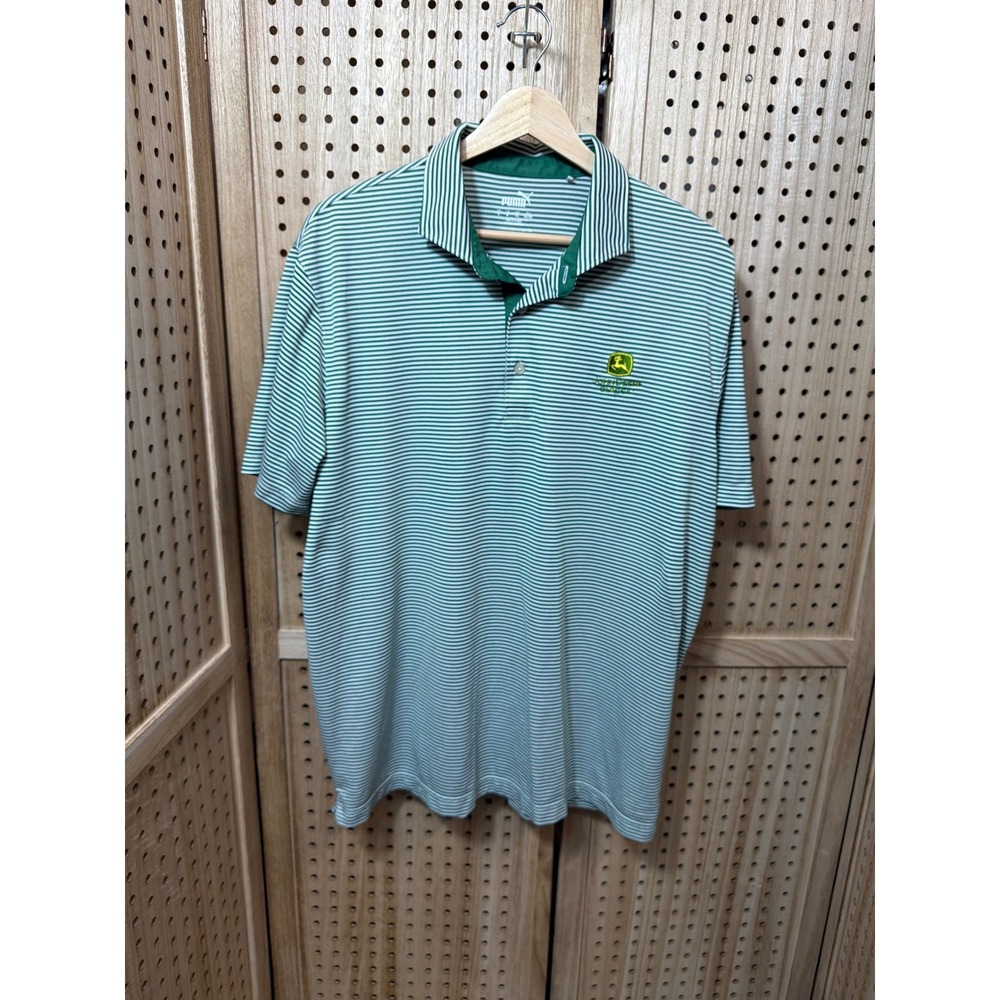 Puma Golf Mens Large‎ Green White Striped John Deere Classic Polo Shirt L